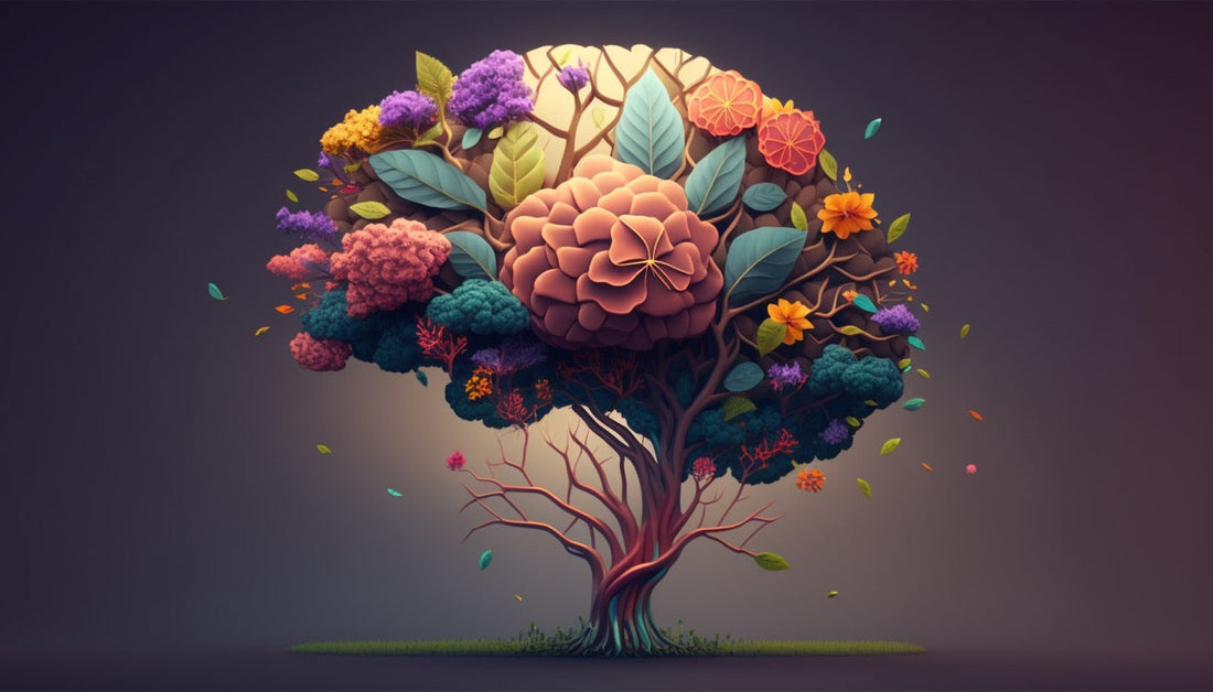 depiction of a brain made of colorful plants and flowers