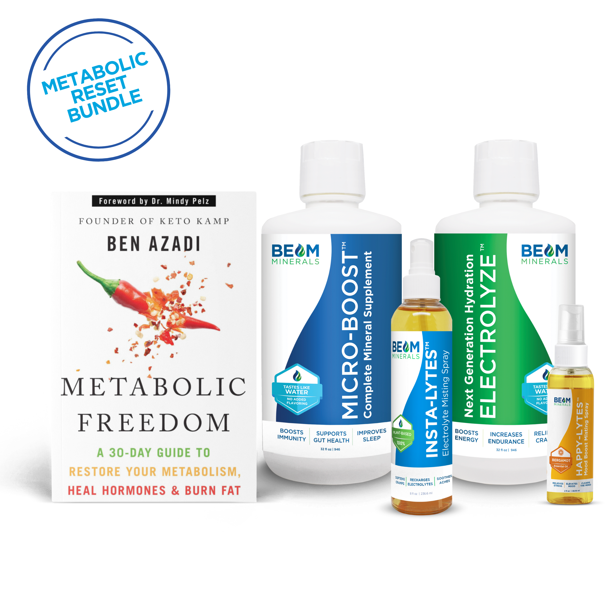 Metabolic reset bundle with Advanced Set bottles and a book on a white background